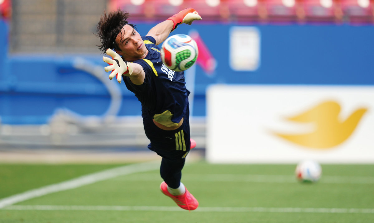 Goalkeeper Jacob Widell Zetterstrom during a training session of the Sweden men’s national football team, ahead of the opener against Tunisia in the World Cup football tournament. (AP)