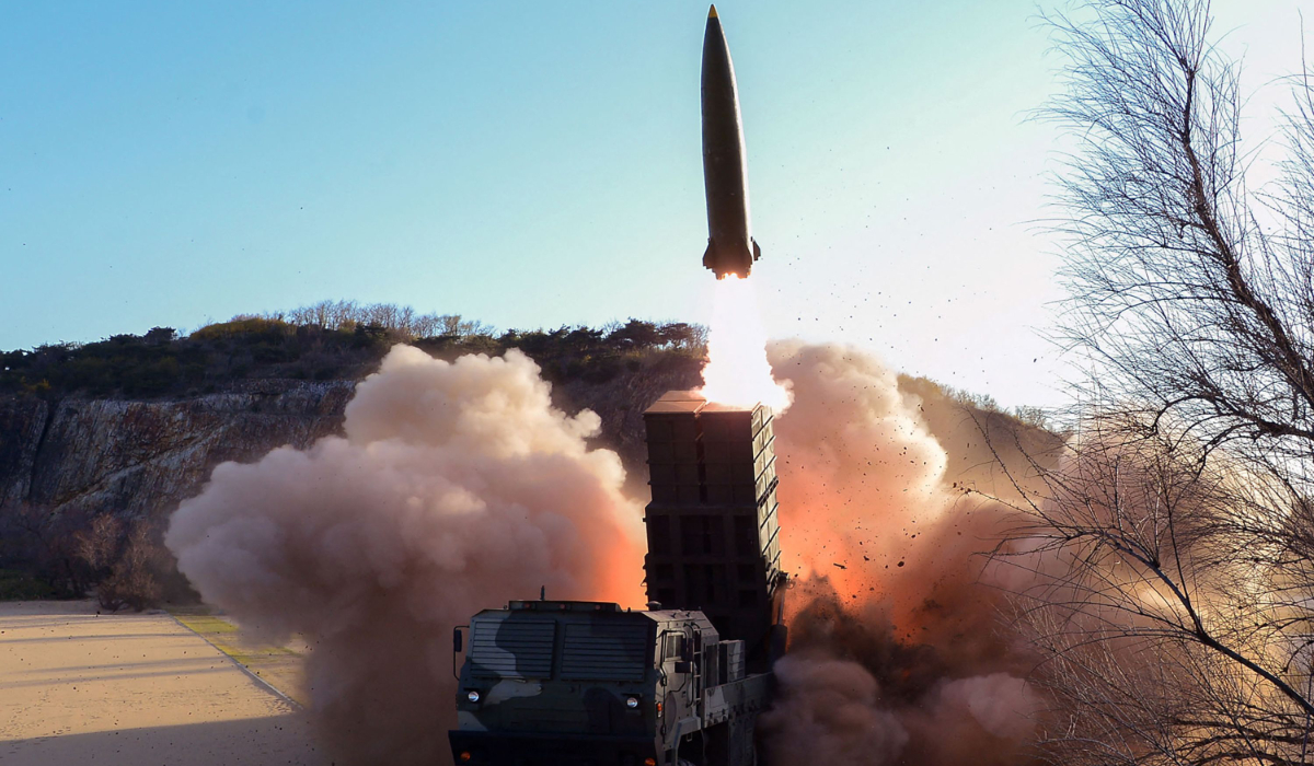 This undated picture released from North Korea's official Korean Central News Agency (KCNA) on April 17, 2022 shows the test-fire of a new-type tactical guided weapon in North Korea. (AFP)