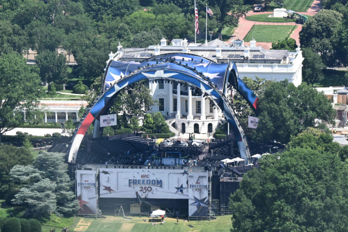 The structure, known as "The Claw," for the upcoming UFC fight that US President Donald Trump will host as part of the 250th anniversary of the United States is seen on the South Lawn of the White House in Washington, DC, on June 12, 2026. The UFC Freedom 250 event will be held at the White House on US President Donald Trump's 80th birthday on June 14. (AFP)