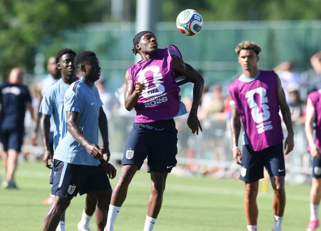 Noni Madueke #20 of England and Marc Guehi #6 of England during the England World Cup 2026 Community Training Session on June 13, 2026 in Kansas City, Kansas. (AFP)