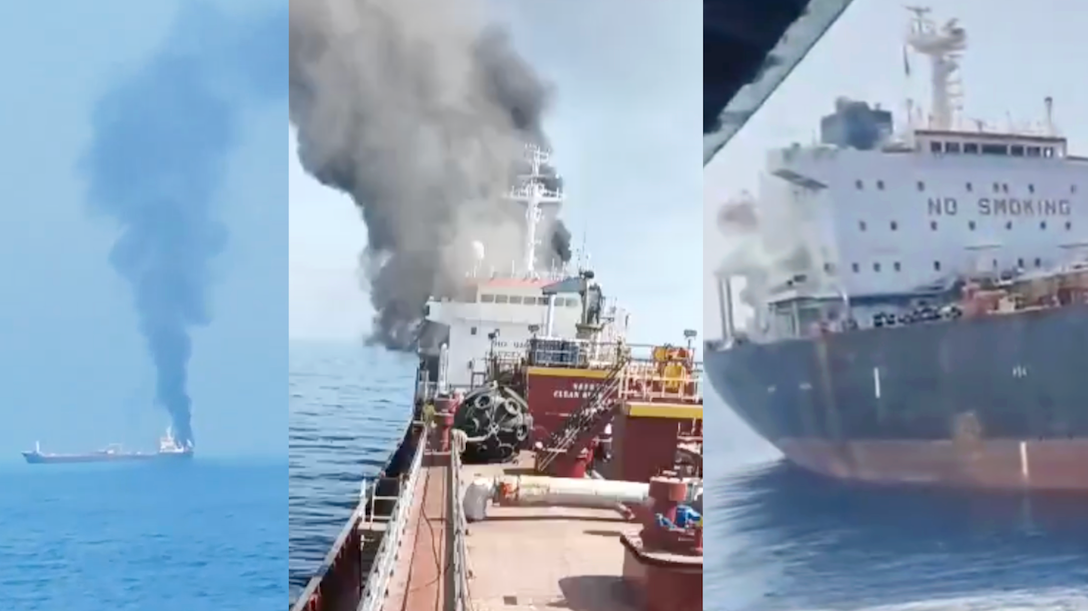 The Indian-cewed MT Settebello and MT Jalveer under US attacks off the coast of Oman on June 10 and June 11, 2026. (Forward Seamen’s Union of India)