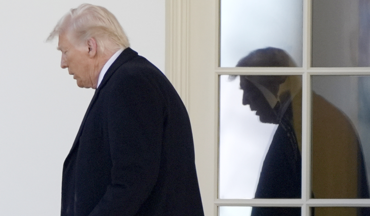 President Donald Trump walks from the Oval Office to board Marine One as he departs from the South Lawn of the White House, Friday, Feb. 14, 2025, in Washington. (AP)