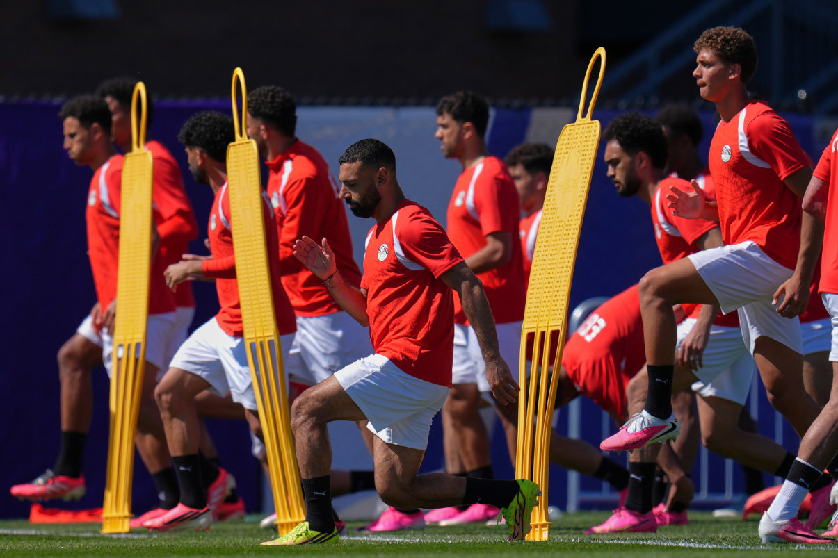 Egypt's Mohamed Salah, center, participates with his teammates in a training session ahead of their team's World Cup Group G soccer match against Belgium in Seattle, Sunday, June 14, 2026. (AP)