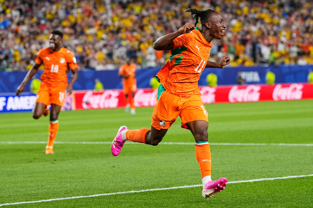 Ivory Coast's Yan Diomande (11) celebrates after teammate Amad Diallo scored their first goal during the World Cup Group E soccer match between Ivory Coast and Ecuador in Philadelphia, Sunday, June 14, 2026. (AP)