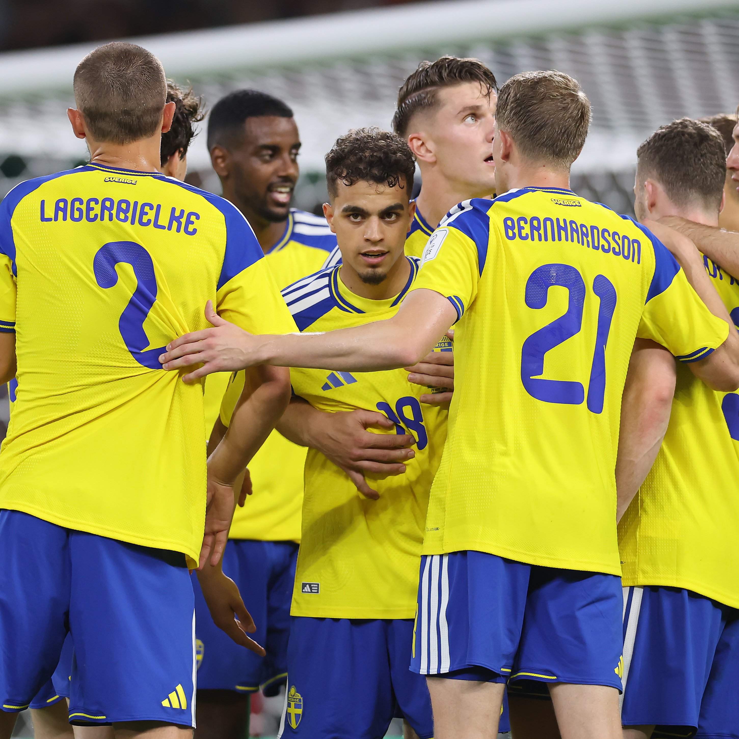 Sweden's players celebrate with Yasin Ayari after scoring the opener in their Group E clash with Tunisia. (X: @SvenskFotboll)