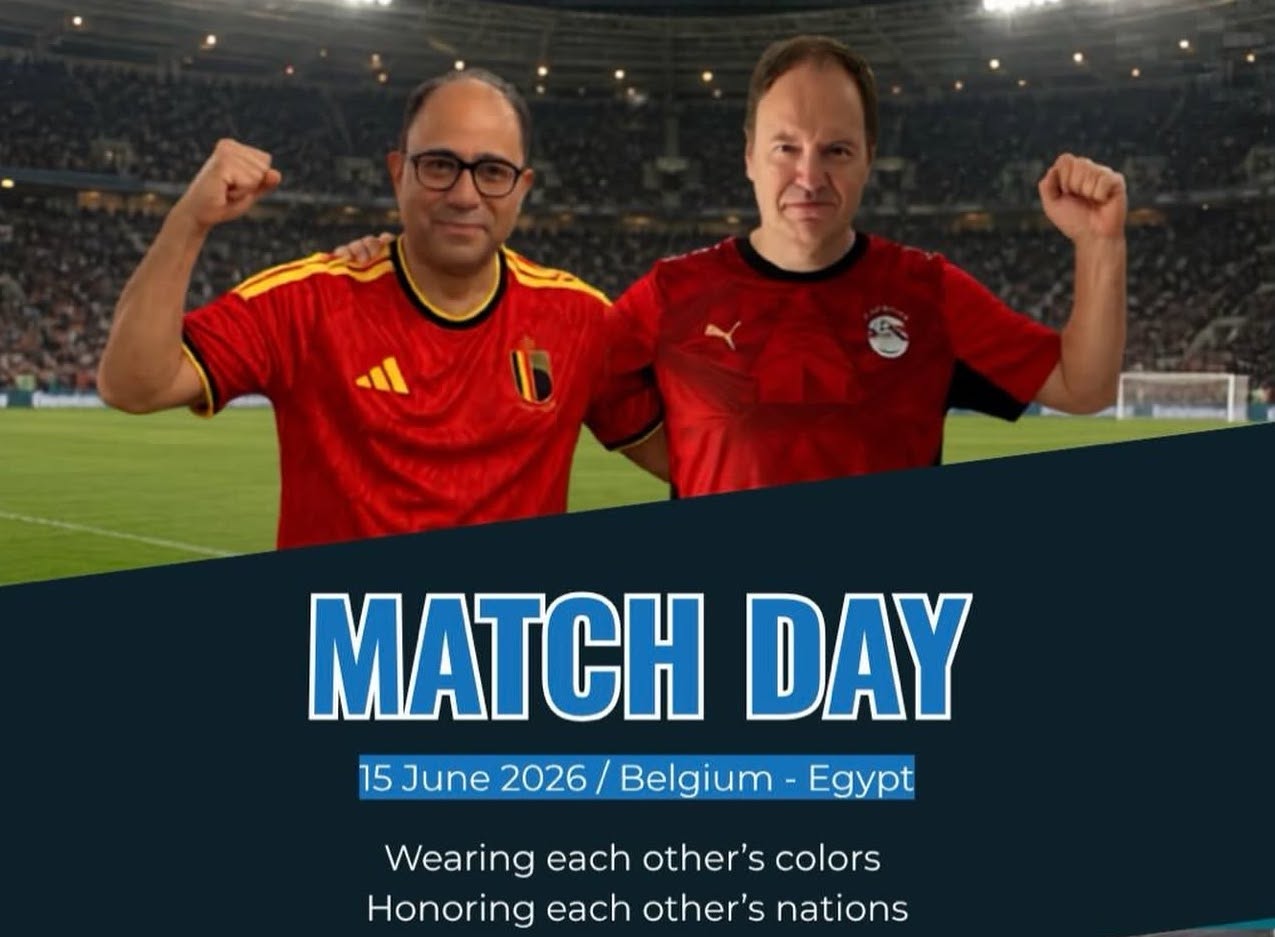 Egypt’s Ambassador to Brussels, Ahmed Abu Zeid, and Belgium’s Ambassador to Cairo, Bart De Groof, exchanged national team jerseys in an image that has been widely shared on social media. (Supplied)