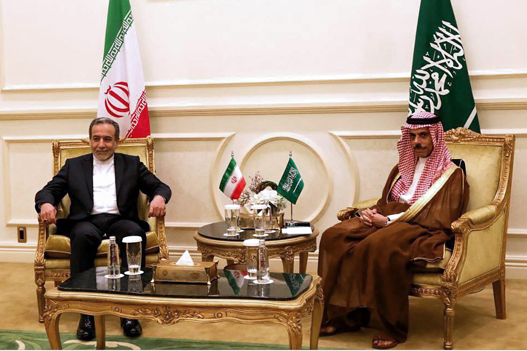 This handout picture provided by the Iranian foreign ministry shows Iran's Foreign Minister Abbas Araghchi (L) meeting with Saudi Arabia's Foreign Minister, Prince Faisal bin Farhan al-Saud, in Jeddah on May 10, 2025. (File/AFP)