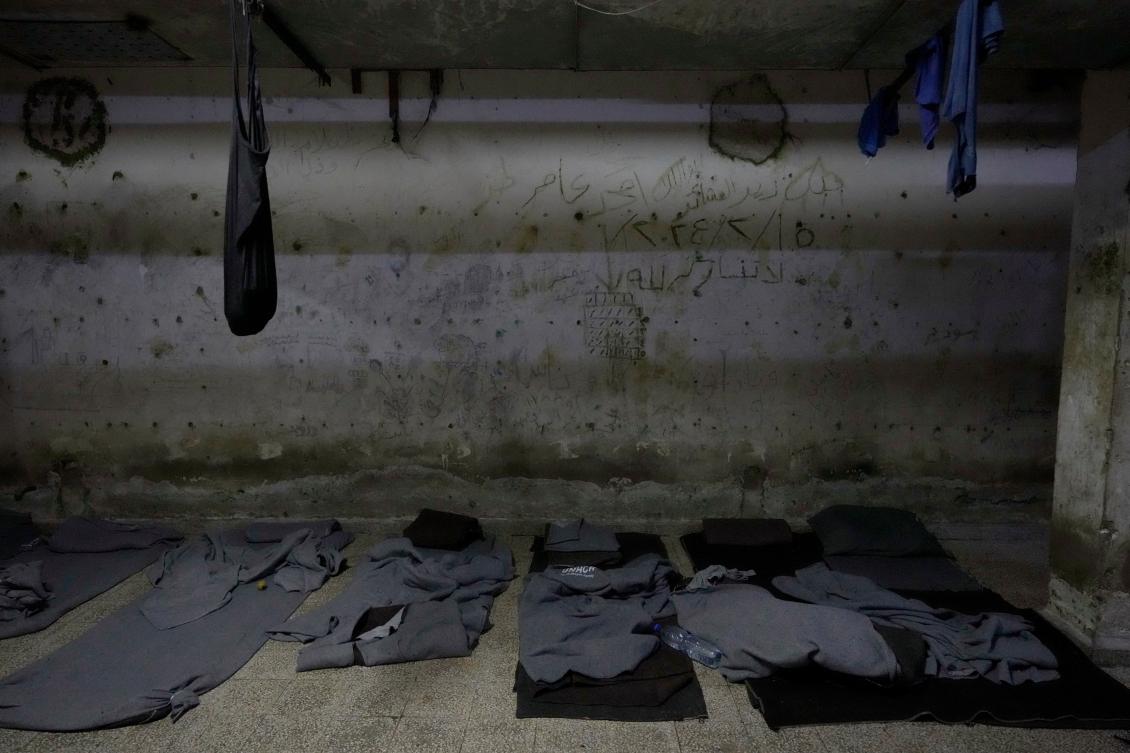 Blankets used by prisoners as mattresses are seen at a detention facility run by military intelligence during former Syrian President Bashar Assad’s regime in Damascus, Dec. 17, 2024. (Files/AP)