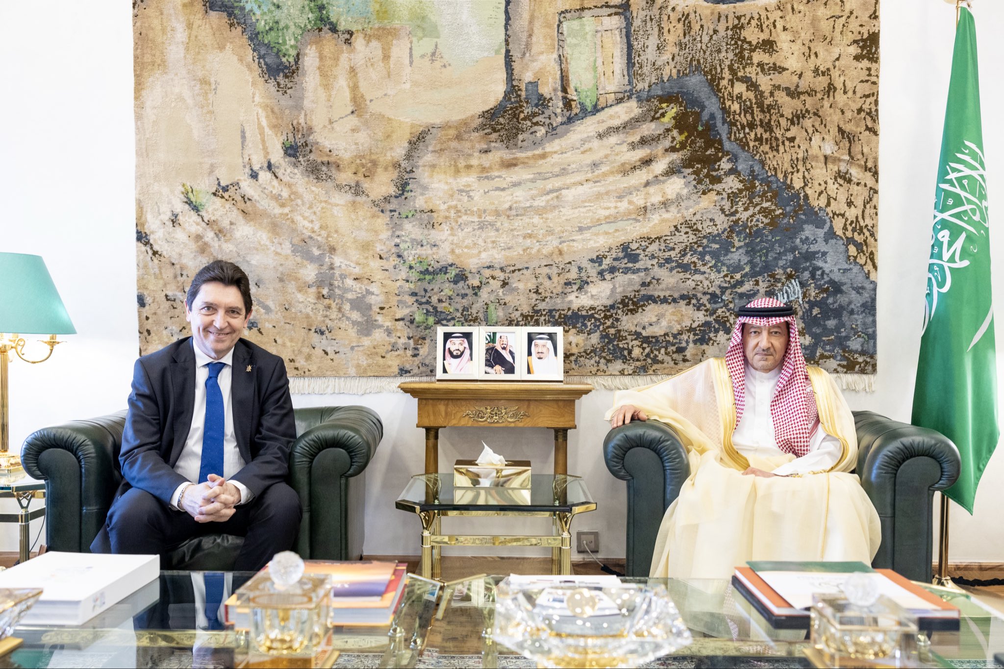 Vice Minister of Foreign Affairs Waleed Elkhereiji meets Olivier Cadic, president of the Saudi-French Parliamentary Friendship Group of the French Senate, in Riyadh on Monday. (X/@KSAmofaEN)