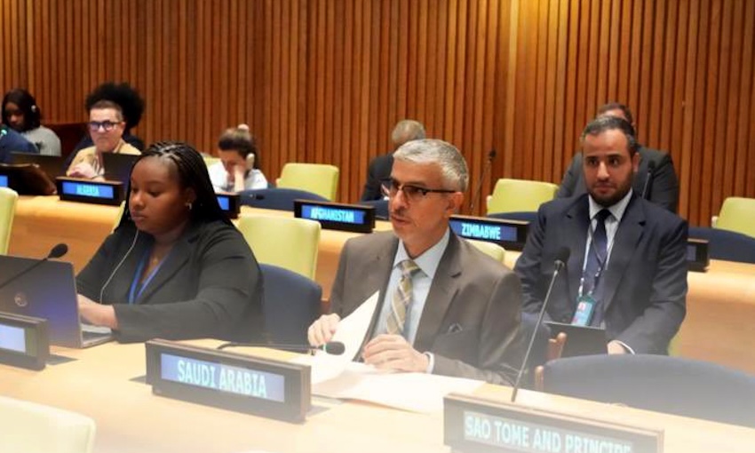 Abdulaziz Alwasil, Saudi Arabia’s permanent representative to the UN, speaks during the hearing of secretary-general candidate Maria Fernanda Espinosa. (X: @ksamissionun)