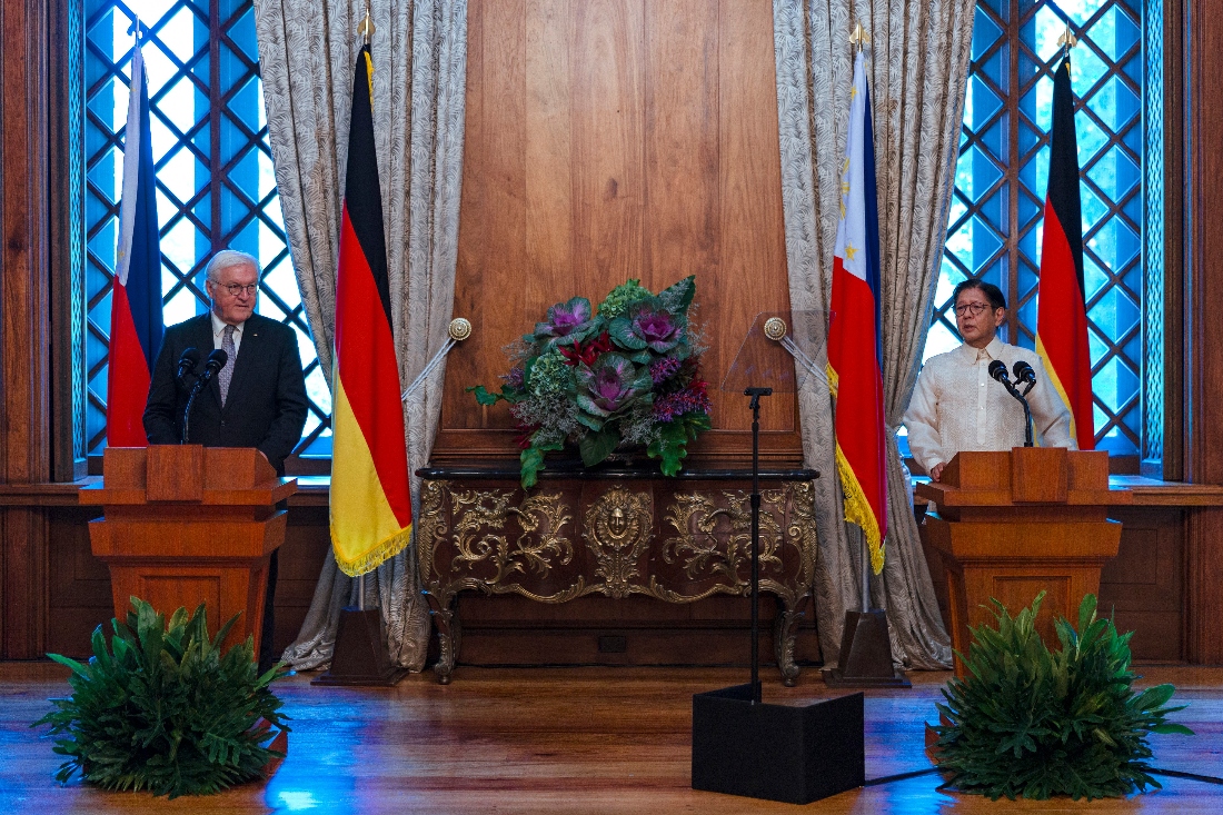 German President Frank-Walter Steinmeier and Philippine President Ferdinand Marcos Jr. attend a press conference in Manila, Philippines. (AP)