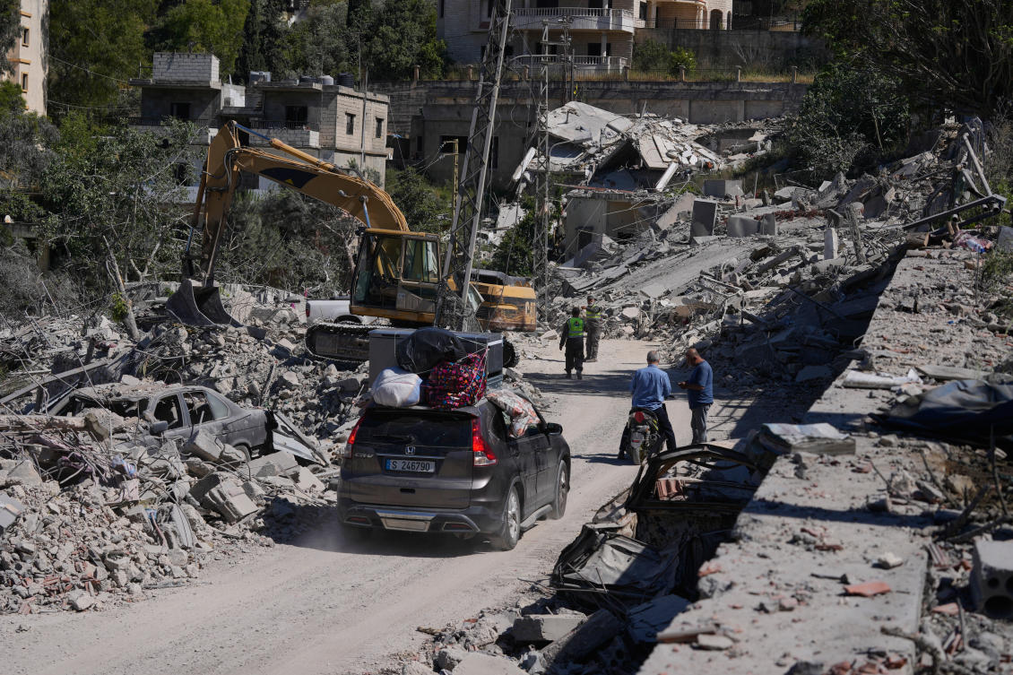 People return to their village of Kherbet Selem following the announcement of an initial ceasefire agreement between the United States and Iran. (AP)