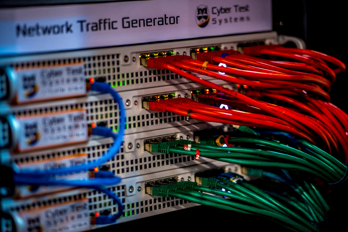 This photo taken in Lille, during the International Cybersecurity Forum, shows cables attached to a protective cybersecurity system, Jan. 24, 2017. (Files/AFP)