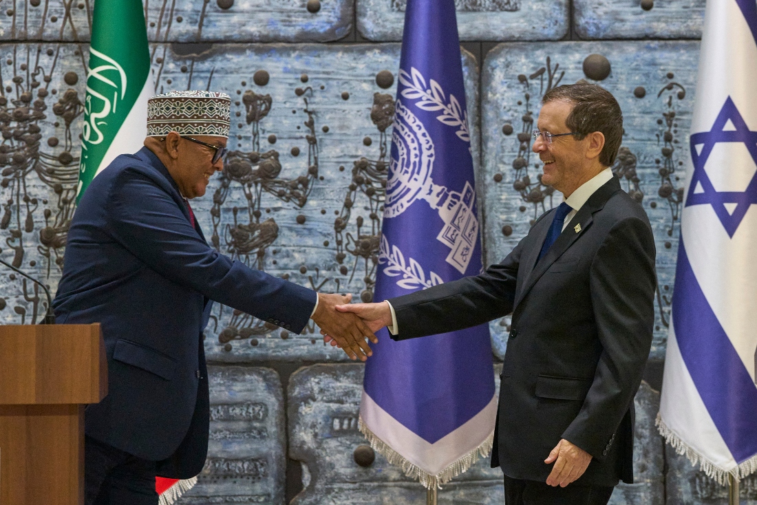 Somaliland's president Abdirahman Mohamed Abdullahi meets Israeli President Isaac Herzog in the presidential residence in Jerusalem. (AP)