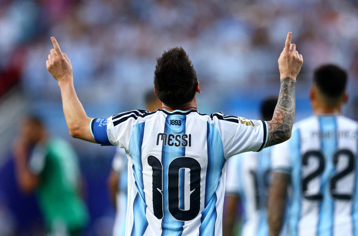 Argentina’s Lionel Messi celebrates scoring their first goal — FIFA World Cup 2026 — Group J — against Algeria — Kansas City Stadium, Kansas City, Missouri, — Jun. 16, 2026. (Reuters)