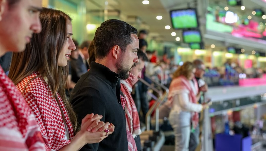 Jordan’s Crown Prince Hussein bin Abdullah II and Princess Rajwa joined supporters in the stands as the kingdom’s national football team made their historic FIFA World Cup debut against Austria. (Supplied)