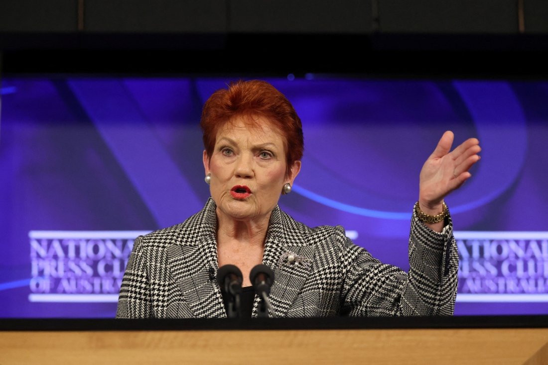 Australian Senator and One Nation leader Pauline Hanson reacts to a question from a journalist following her address at the National Press Club in Canberra, Australia. (Reuters)