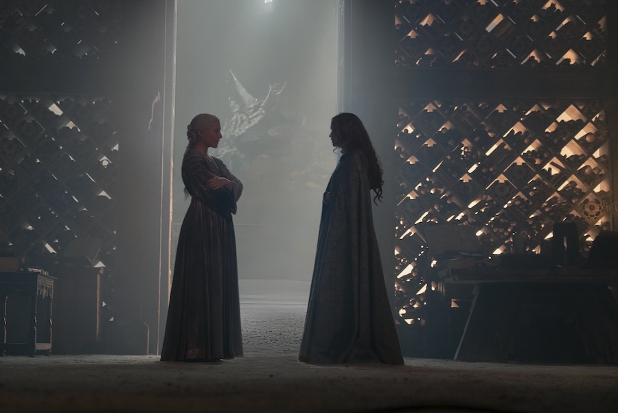Queen Rhaenyra Targaryen (Emma D'Arcy) and Alicent Hightower (Olivia Cooke) in ‘House of the Dragon.’ (Supplied)