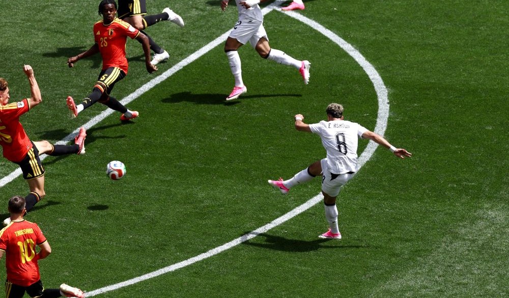 Egypt’s Emam Ashour scores against Belgium at Seattle Stadium, Seattle, Washington, US, June 15, 2026. (Reuters)