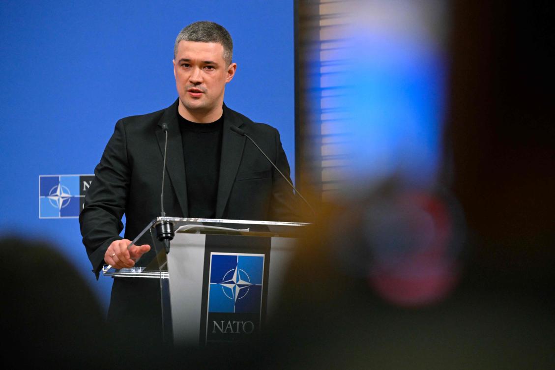 Ukraine’s Defense Minister Mykhailo Fedorov speaks during a press conference after a meeting of the Ukraine Defense Contact Group during a NATO Defense Ministers meeting at the NATO headquarters, in Brussels, June 18, 2026. (AFP)