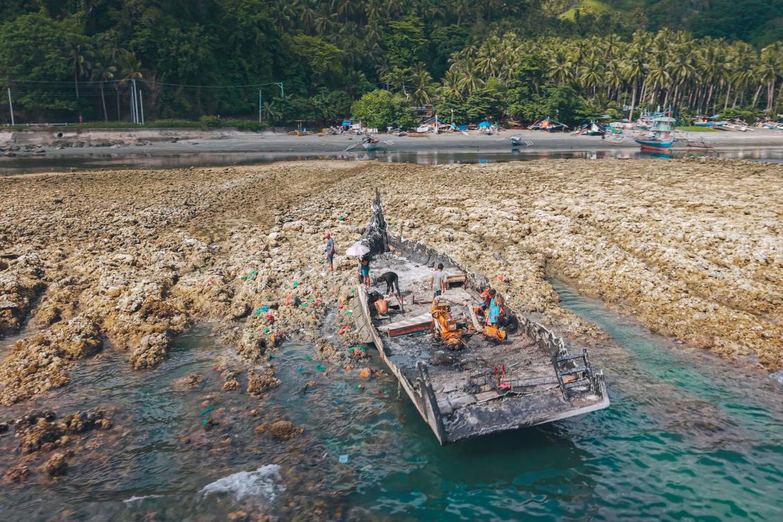 Above, an aerial photo of the coastal uplift following an earthquake along the Pangyan Marine Sanctuary in Glan, Sarangani on June 18, 2026. (AFP)