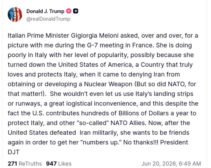 Italy’s Meloni tells Trump to focus on his own popularity as row rumbles on