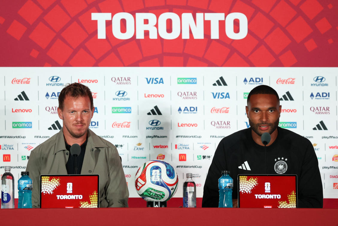 Head coach Julian Nagelsmann and Jonathan Tah of Germany speak to the media during a press conference one day ahead of the FIFA World Cup 2026 Group E match between Germany and Cote D’Ivoire at Toronto Stadium on Jun. 19, 2026 in Toronto, Ontario. (AFP)