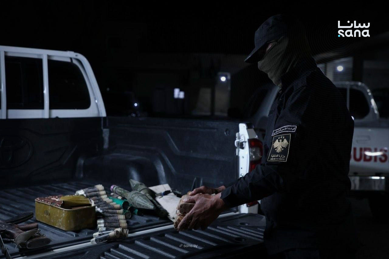 Among those seized by security officers from Akram Saleh Al-Hamad were ammunition, explosive belts, detonators and bomb-making materials, the Interior Ministry said. (SANA photo)