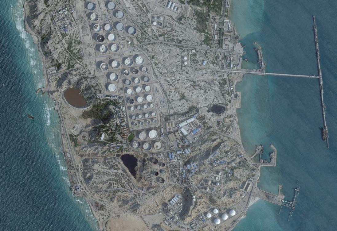 Above, a satellite image shows an oil terminal at Kharg Island, Iran, February 25, 2026. (Planet Labs PBC via Reuters)