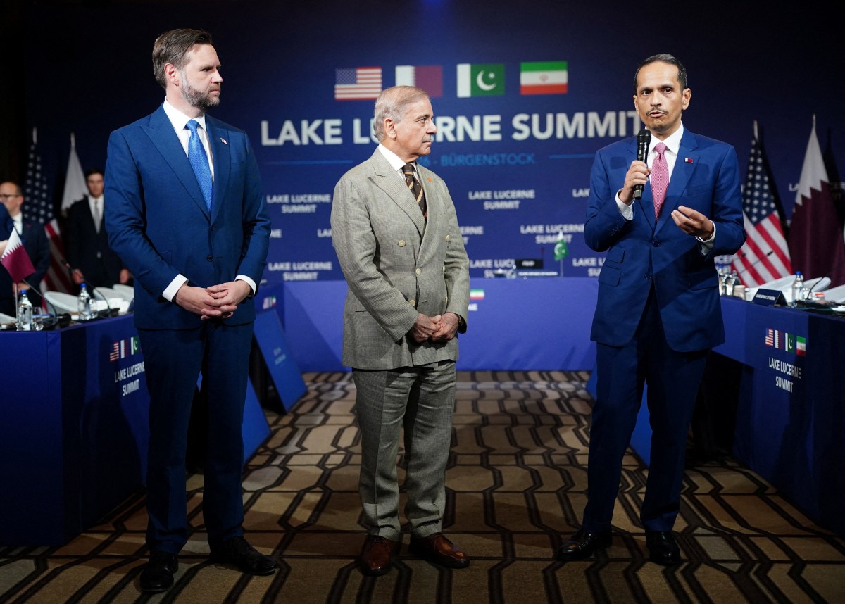 US Vice President JD Vance, left, Pakistan’s Prime Minister Shehbaz Sharif and Qatar’s Prime Minister Sheikh Mohammed bin Abdulrahman Al-Thani during a meeting between the US, Iran, Pakistan and Qatar in Lucerne, Switzerland, on June 21, 2026, as part of high-level talks to end the Middle East conflict. (AFP)