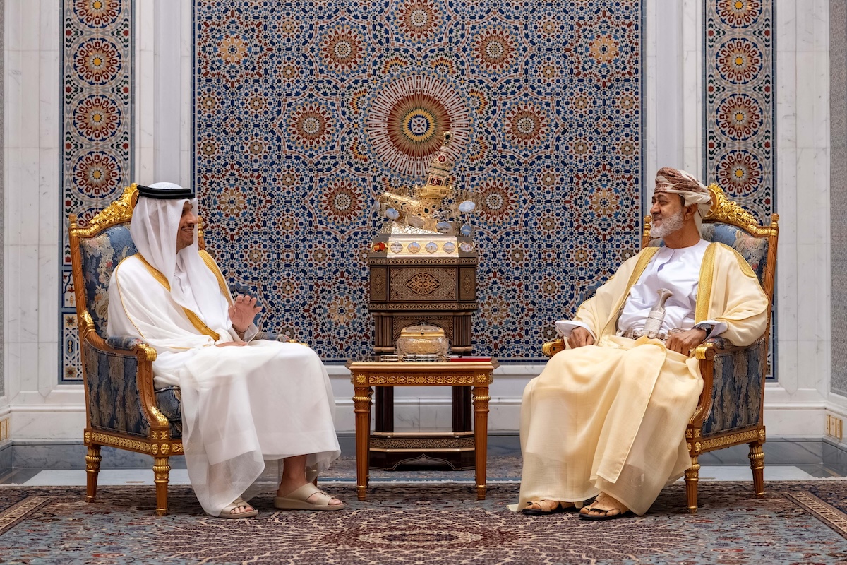 Sultan of Oman Haitham bin Tariq Al Said, right, meets Qatari Prime Minister Sheikh Mohammed bin Abdulrahman Al-Thani in Muscat on June 24, 2026. (Oman News Agency via Reuters)