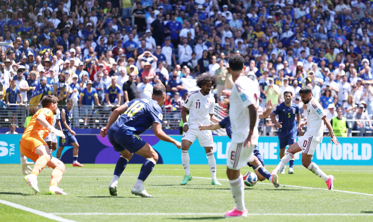 Hassan Alhaydos #10 of Qatar scores his team's first goal during the FIFA World Cup 2026 Group B match between Bosnia and Herzegovina and Qatar at Seattle Stadium on June 24, 2026 in Seattle, Washington. (AFP)