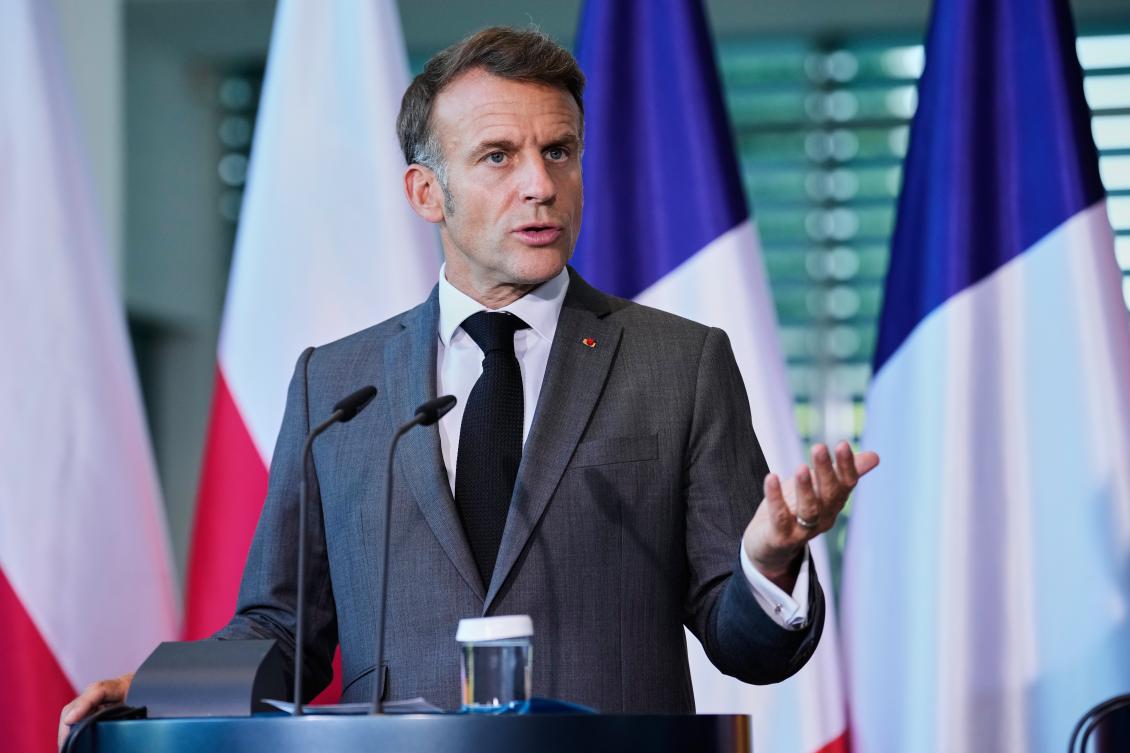 French President Emmanuel Macron speaks during a press conference at the E5 NATO Summit in Berlin, Germany, Wednesday, June 24, 2026. (AP)