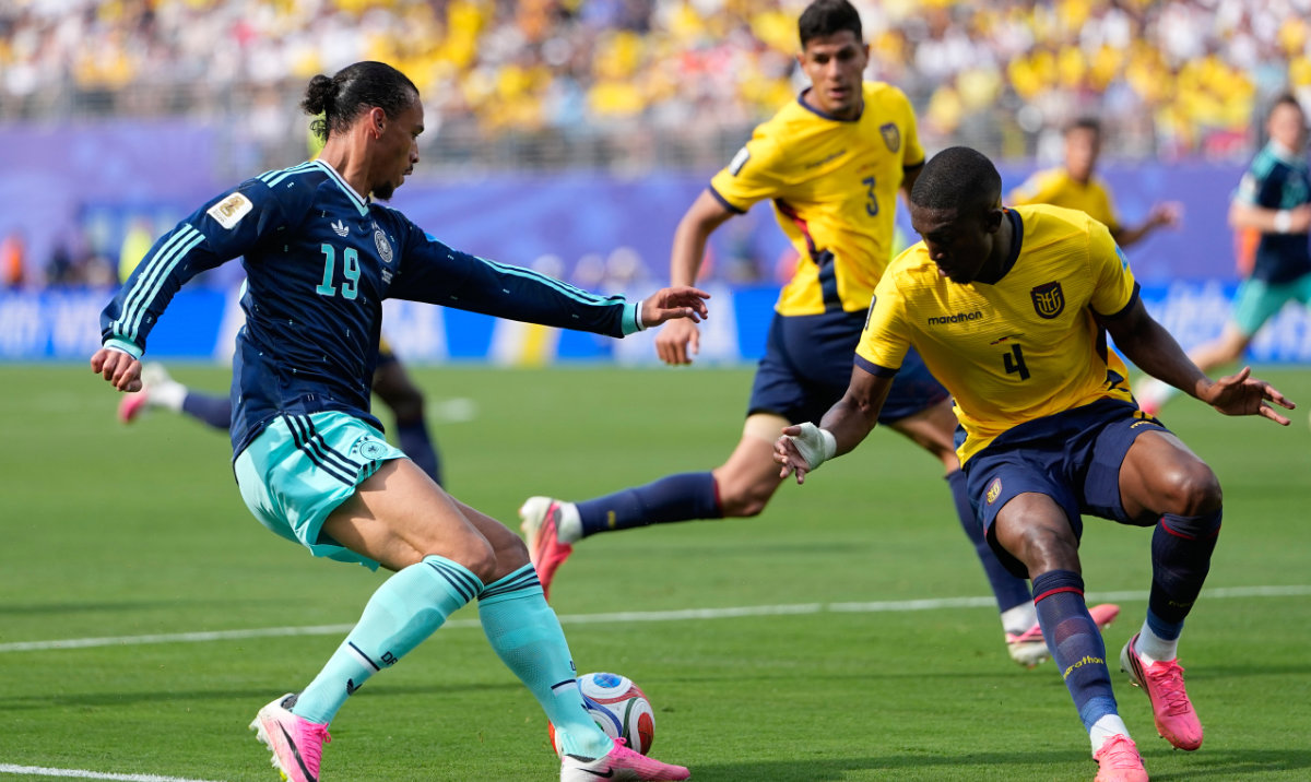 Germany's Leroy Sane, left, and Ecuador's Joel Ordonez compete for the ball during the World Cup Group E soccer match between Ecuador and Germany in East Rutherford, NJ., near New York, Thursday, June 25, 2026. (AP)