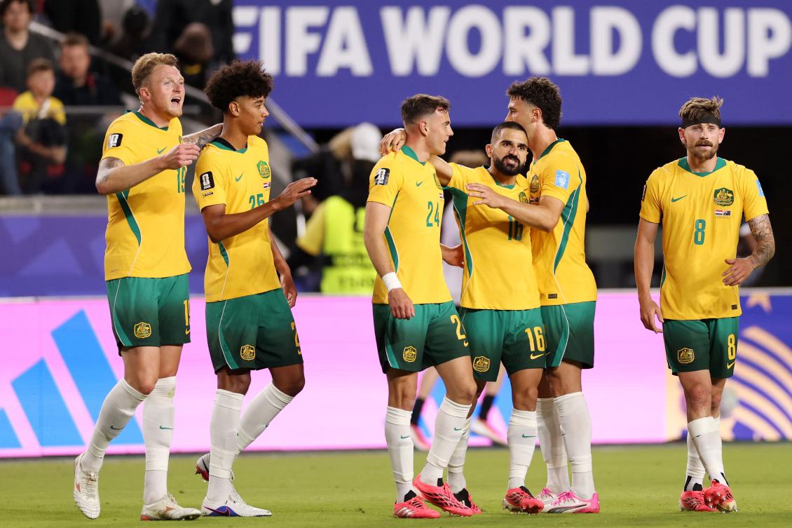 Australia players celebrate after a 0-0 draw during the FIFA World Cup 2026 Group D match between Paraguay and Australia at San Francisco Bay Area Stadium on June 25, 2026 in Santa Clara, California. Stu Forster/Getty Images/AFP (Getty Images via AFP)