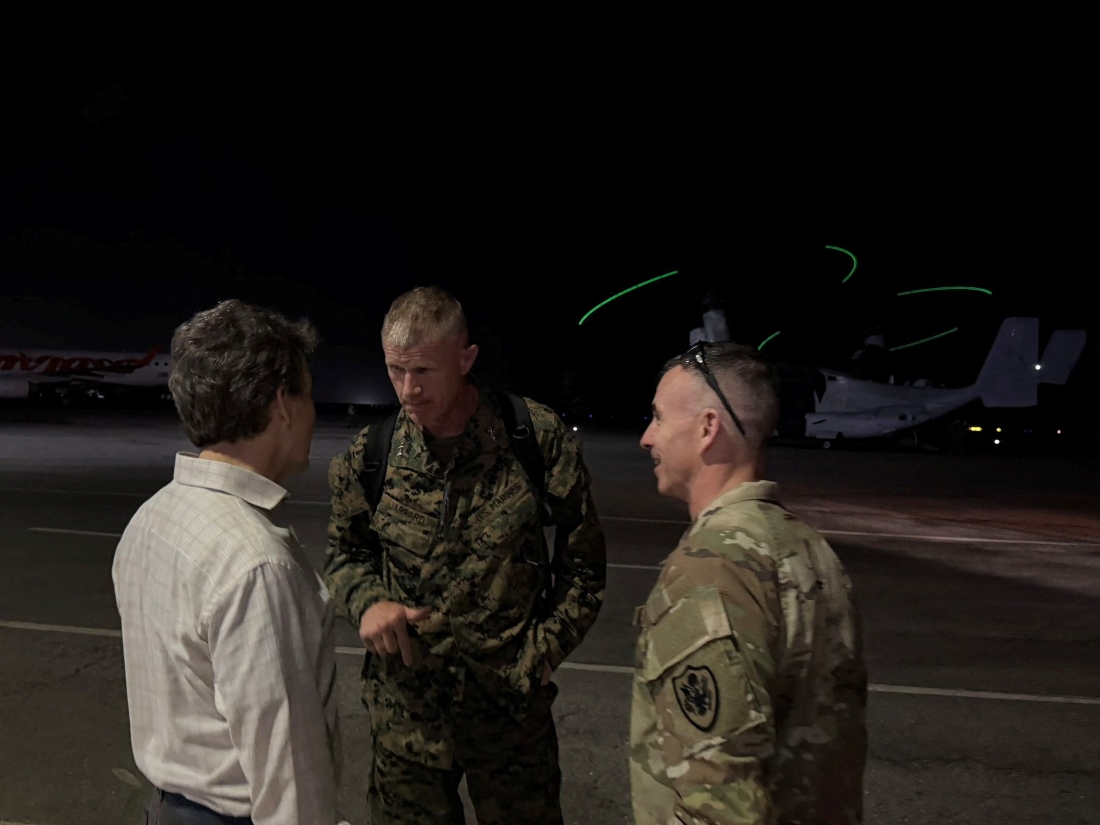 US Marine Corps Major General Kevin Jarrard is welcomed following his arrival to oversee the U.S. teams deployed to support relief operations following earthquakes in Venezuela. (Reuters)