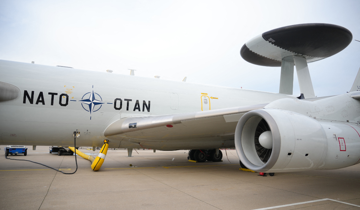 A NATO E-3A AWAC (Airborne Warning and Control System) airplane is being refuelled at the NATO Airborne Early Warning and Control Force headquarters in Geilenkirchen, western Germany, on November 13, 2025. (AFP)