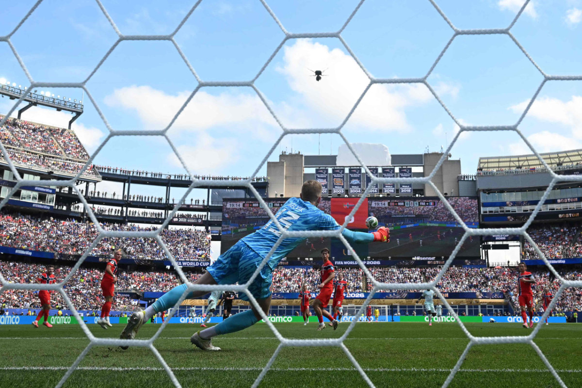 Norway's goalkeeper Egil Selvik concedes a goal scored by France's forward Ousmane Dembele (unseen) and his team second goal during the 2026 World Cup Group I football match between Norway and France at the Boston Stadium in Foxborough on June 26, 2026. (AFP)
