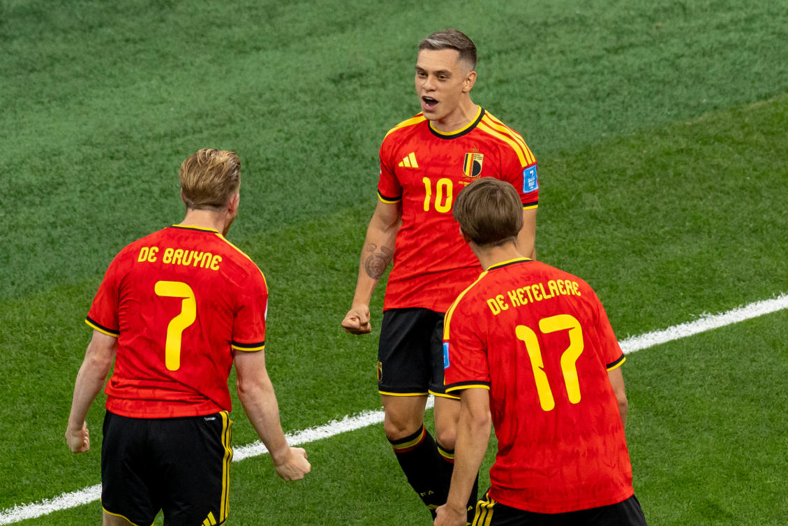 Belgium's Leandro Trossard (10) celebrates his goal against New Zealand with teammates Kevin De Bruyne (7) and Charles De Ketelaere (17) during the first half of a World Cup Group G soccer match, in Vancouver, British Columbia, Friday, June 26, 2026. (Timothy Matwey/The Canadian Press via AP)