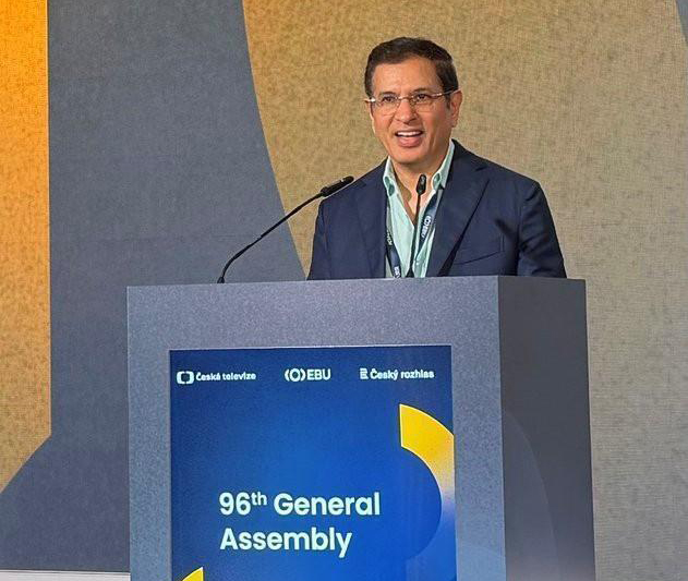 Mohammed Fahad AlharthI, president of the Arab States Broadcasting Union, speaks at the General Assembly of the European Broadcasting Union in Prague. (SPA)