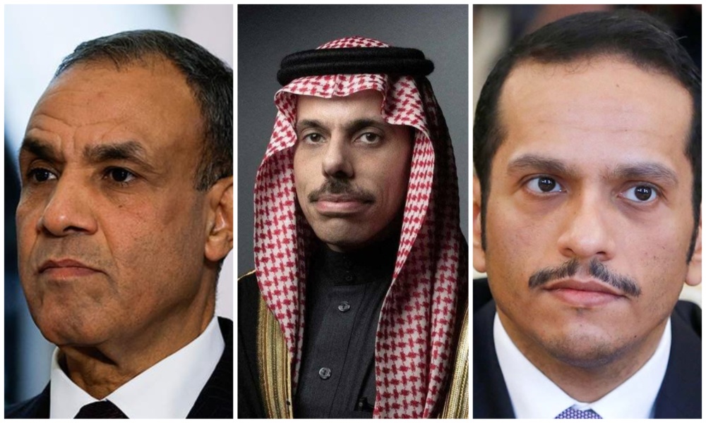 Saudi Foreign Minister Prince Faisal bin Farhan (C) held separate telephone calls on Saturday with his Egyptian (L) and Qatari (R) counterparts to discuss the latest regional developments. (SPA/AFP/File Photos)