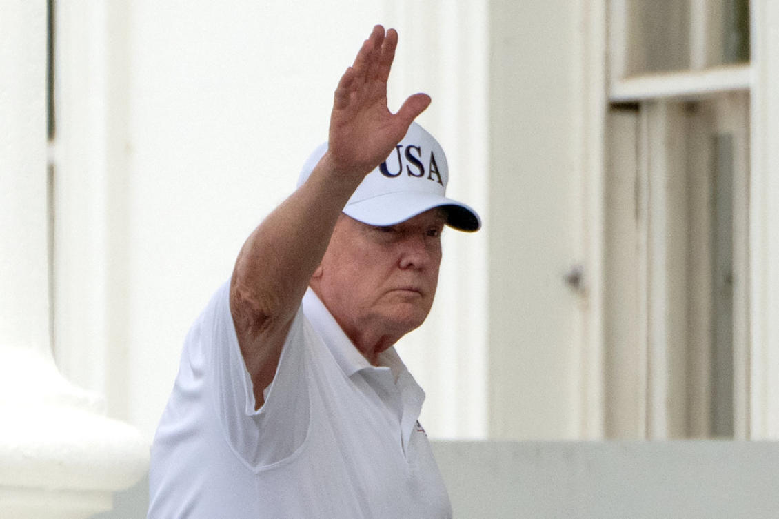 President Donald Trump waves as he walks into the North Portico at the White House, Saturday, June 27, 2026, in Washington. (AP)