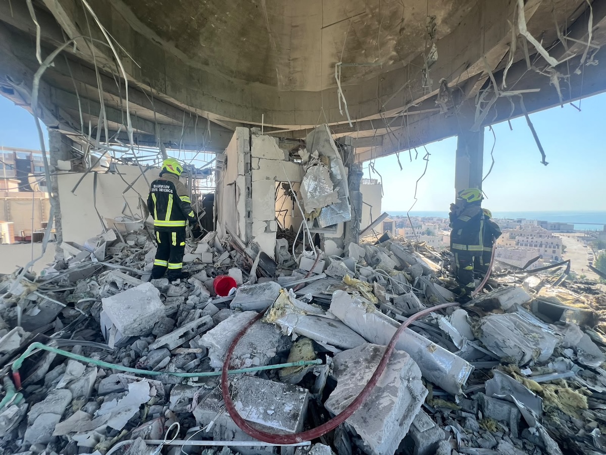 Above, a residential building was damaged in Muharraq Governorate in the latest Iranian attacks against Bahrain. (X: @moi_bahrain)