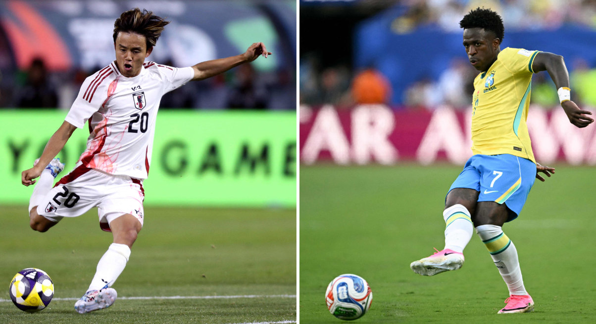 Japan's midfielder #20 Takefusa Kubo in Oakland, California, on September 6, 2025 (L); and Brazil's forward #07 Vinicius Junior in East Rutherford on June 13, 2026. Brazil and Japan will meet in a 2026 World Cup round of 32 football match at the Houston Stadium in Inglewood June 28, 2026. (AFP)