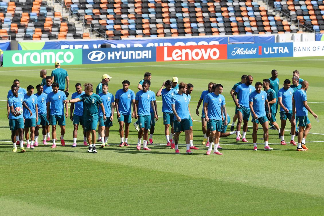 Brazil players walk on the pitch during the training one day ahead of the FIFA World Cup 2026 Round of 32 match between Group C Winner and Group F Runner-Up on June 28, 2026. (Getty Images via AFP)