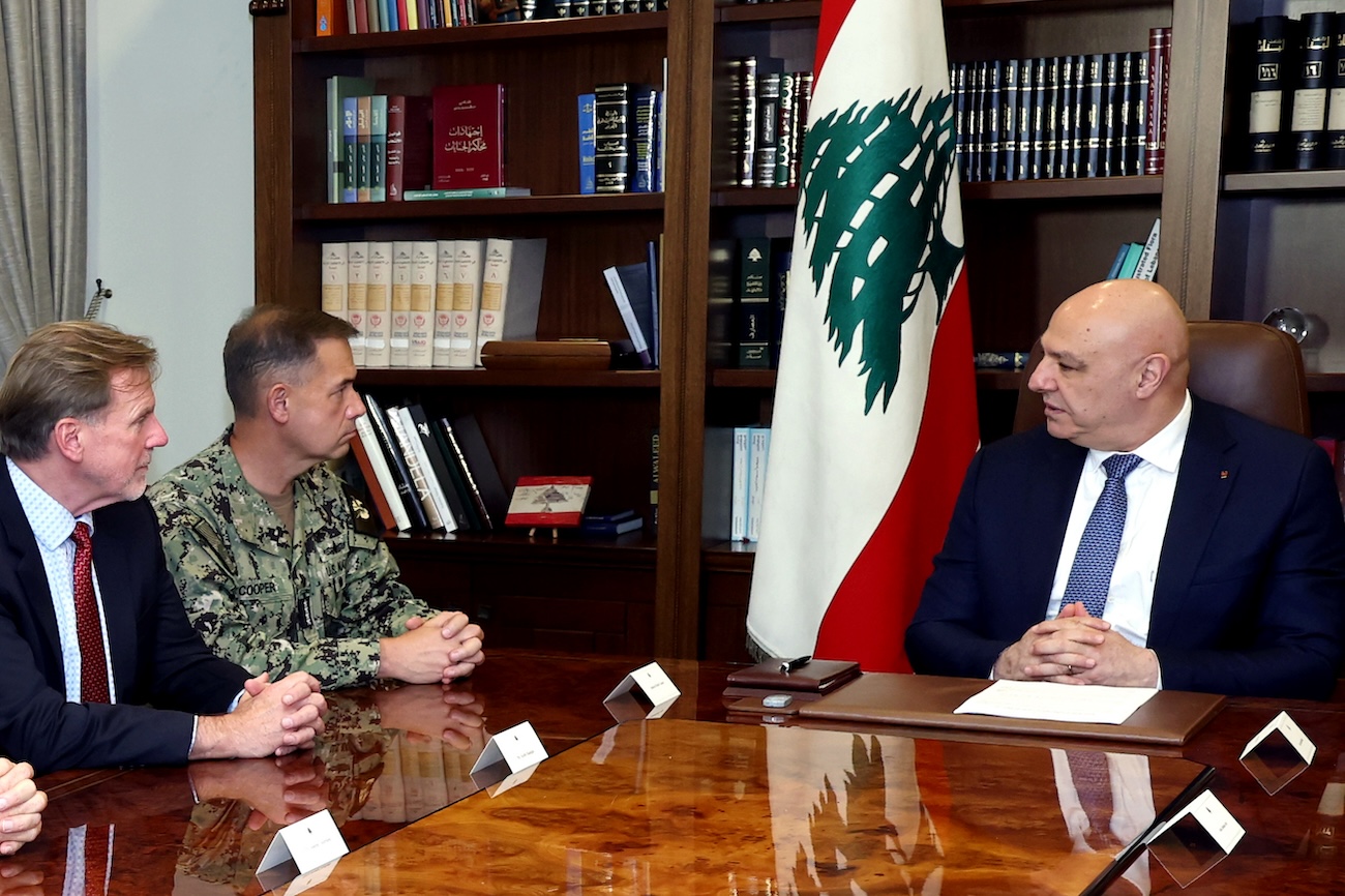 Lebanese president Joseph Aoun, right, meets with Adm. Brad Cooper, the top US military commander in the Middle East, centre, at the presidential place in Baabda, east of Beirut, Lebanon, June 29, 2026. (AP)
