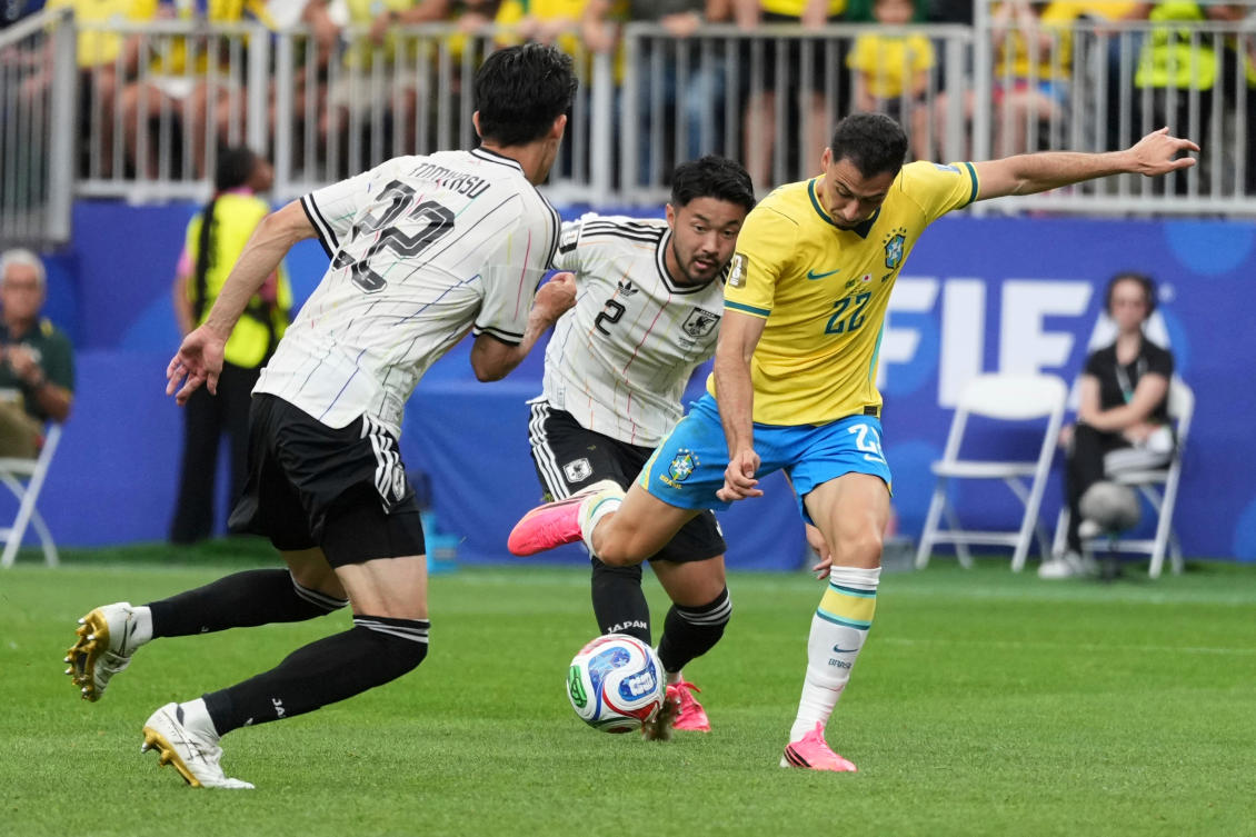 Brazil’s Gabriel Martinelli scores their second goal during the World Cup round of 32 soccer match between Brazil and Japan in Houston, on Monday, June 29, 2026. (AP Photo)