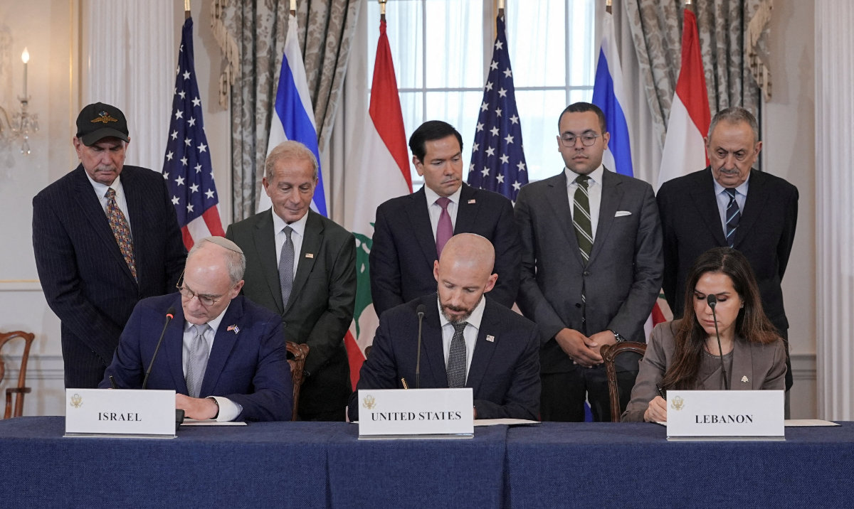 US Secretary of State Marco Rubio looks on as State Department Counselor Daniel Holler, Israel's Ambassador to the US Yechiel Leiter and Lebanon's Ambassador to the US Nada Hamadeh sign a framework agreement between Israel and Lebanon, at the State Department in Washington, DC, US, June 26, 2026. (Reuters)