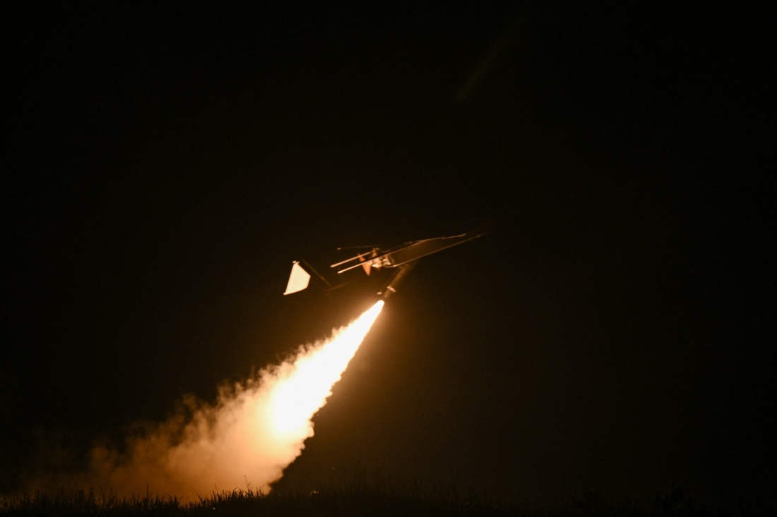 This photograph shows a Ukrainian long-range drone launched by servicemen of the 9th Kairos Battalion of the “Madyar's Birds” from an undisclosed location in Ukraine. (AFP)