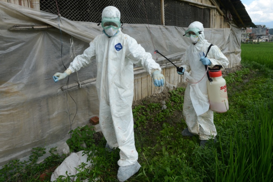 A health worker sprays a colleague with disinfectant during a culling operation at a poultry farm suspected of having a bird flu outbreak in Katunje village, Nepal. (AFP)